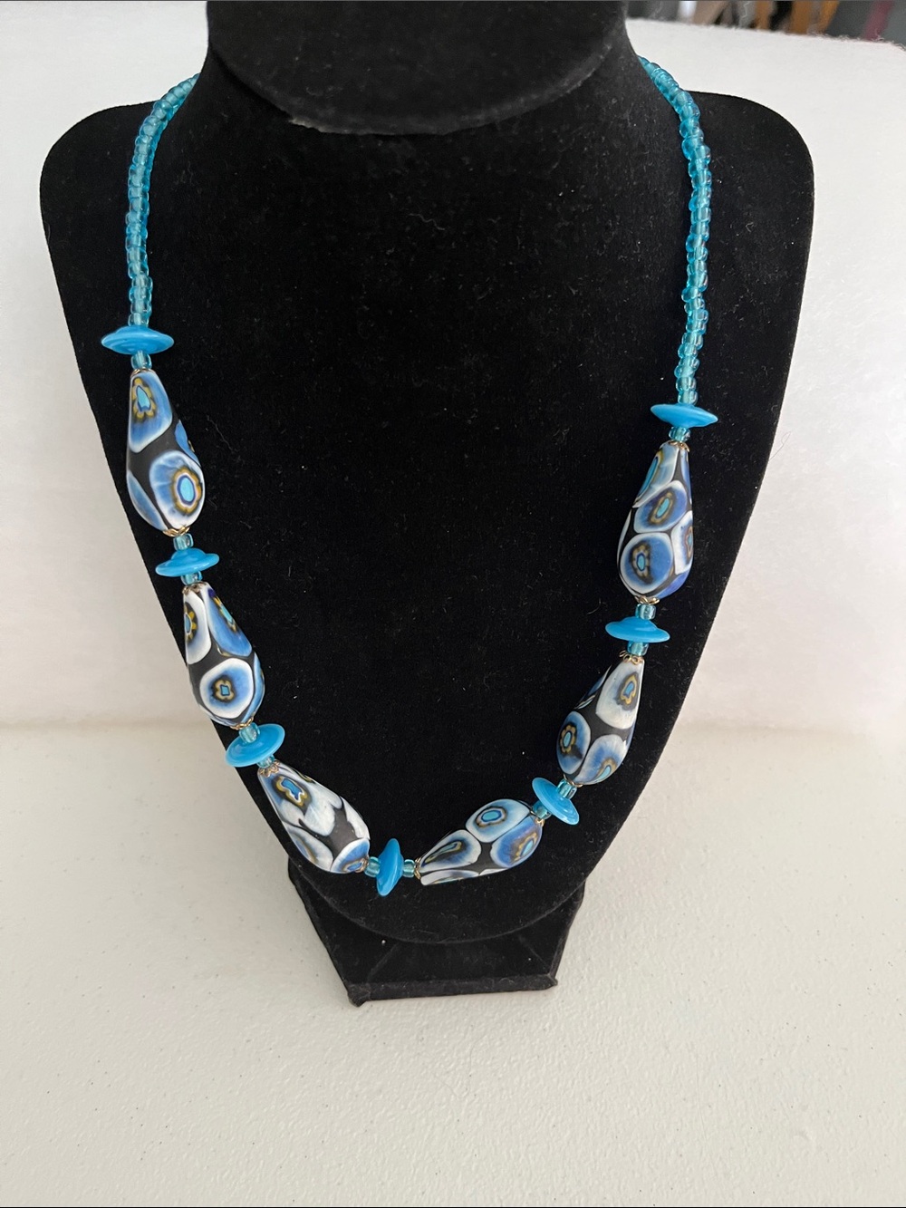 Vintage Murano Matte Millefiori Glass Bead Necklace - 22" Blue Mosaic Matinee
